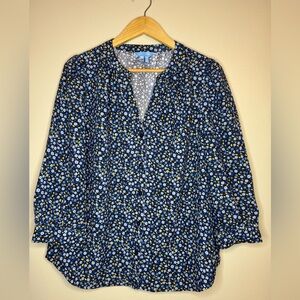 Draper James Floral Blouse Medium Blue Button Front 3/4 Sleeve